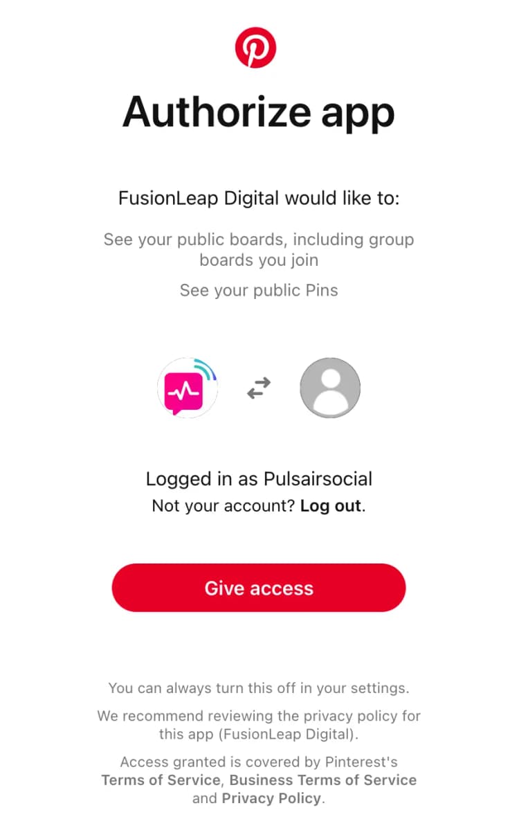 PulsairSocial Pinterest Connect Screenshot