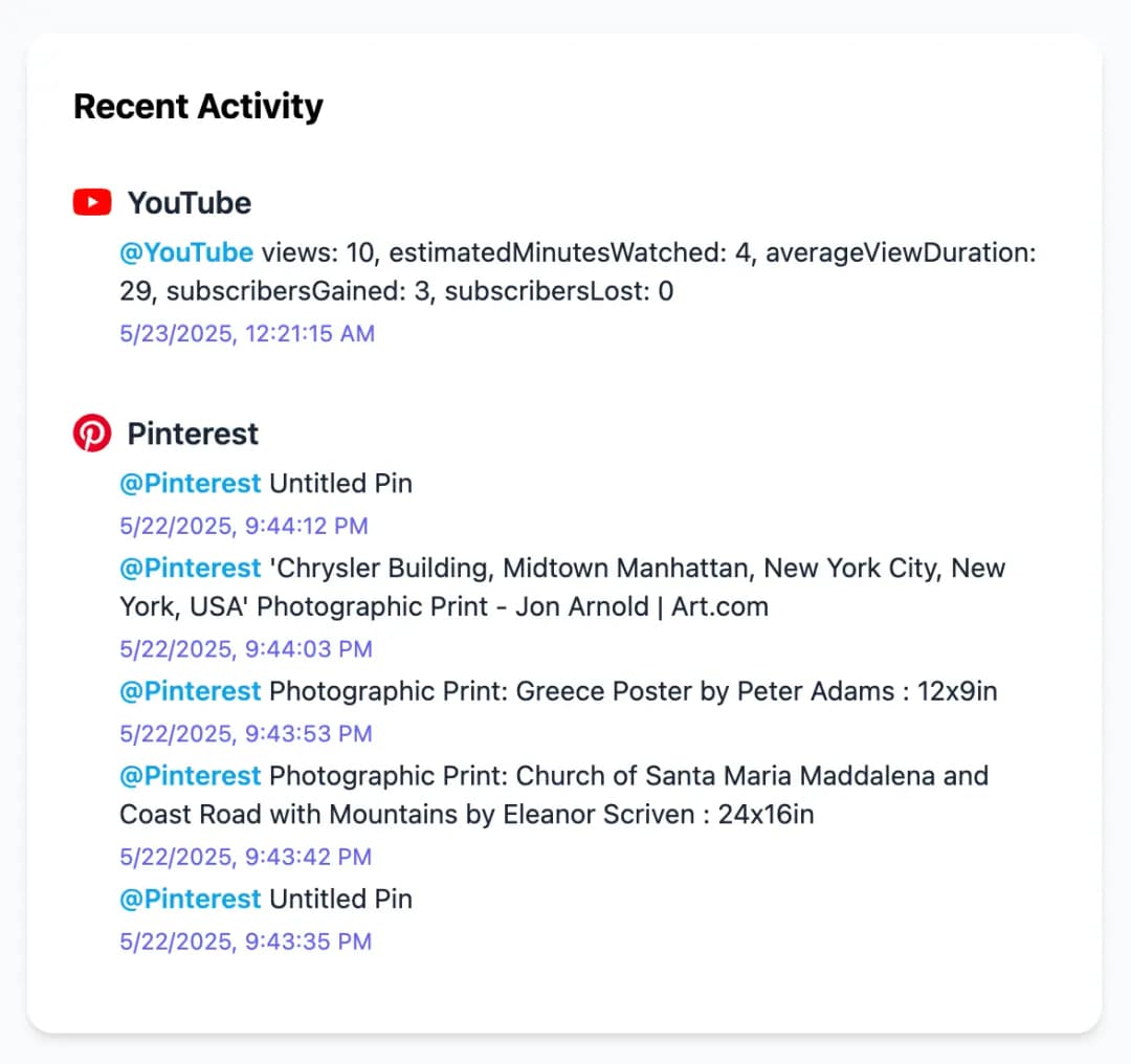 PulsairSocial Recent Activity Screenshot