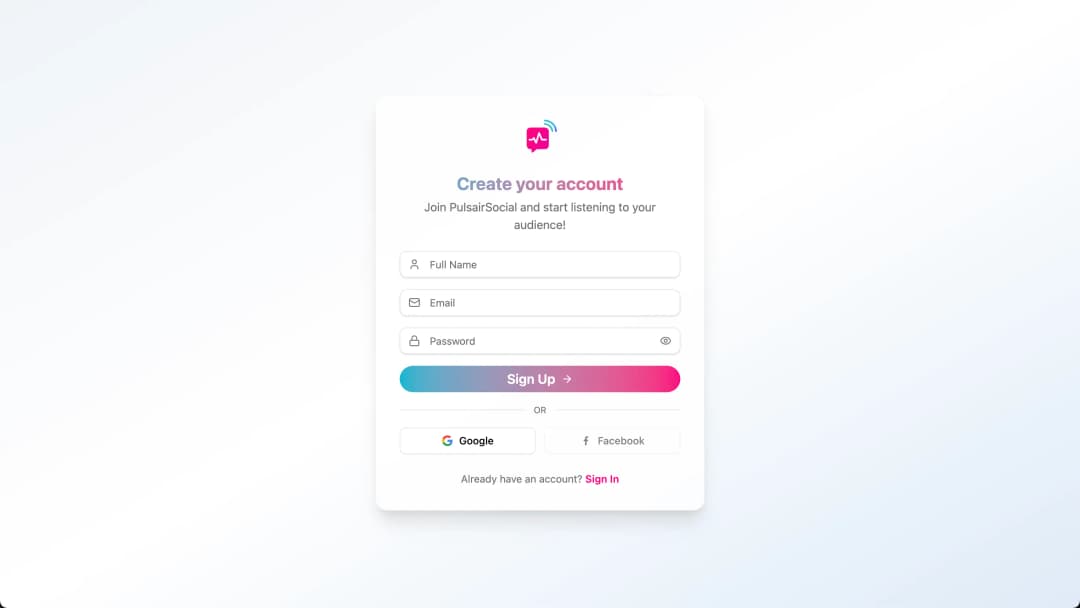 PulsairSocial Sign Up Screen