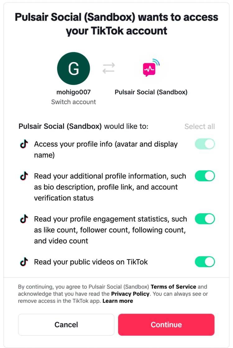 PulsairSocial TikTok Connect Screenshot