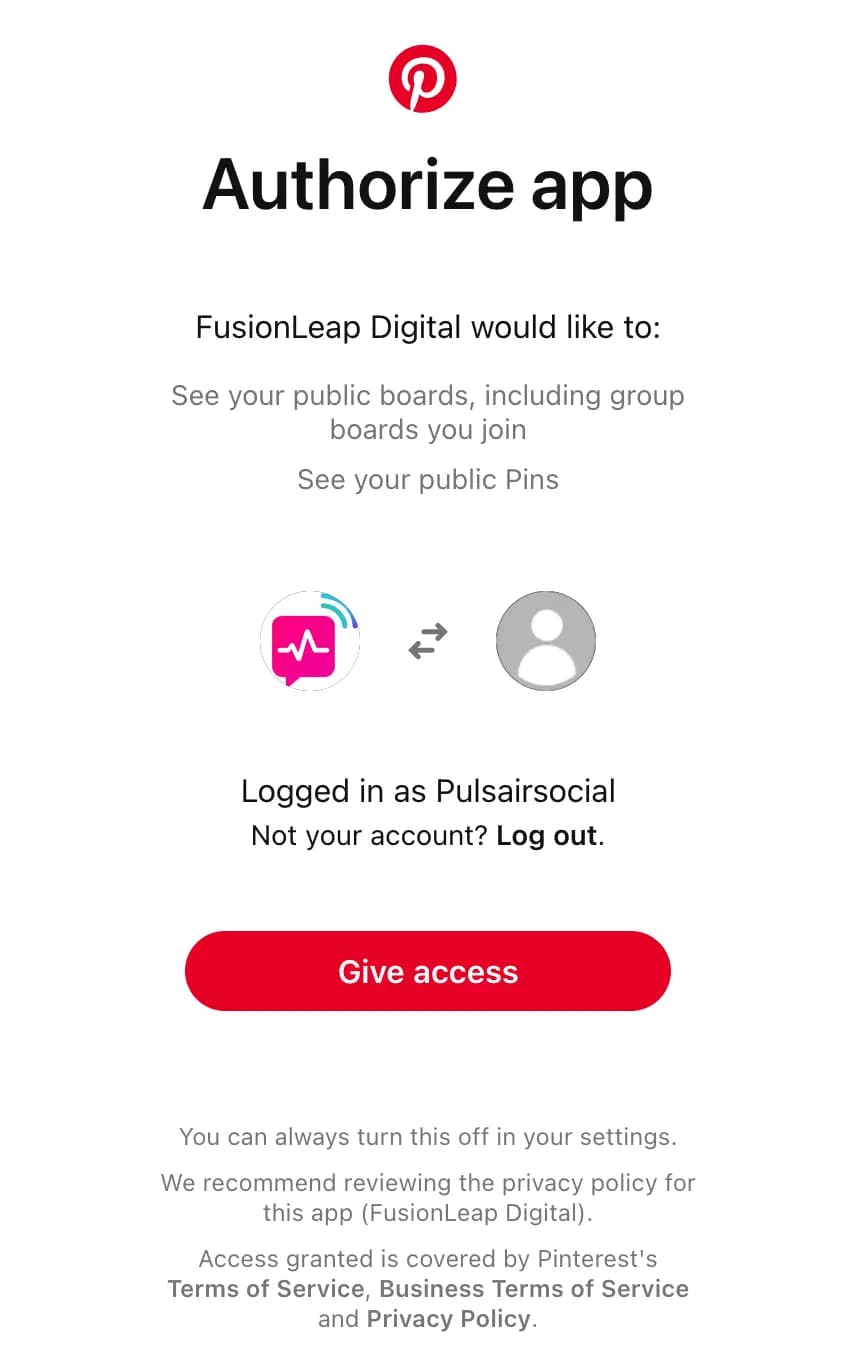 PulsairSocial Pinterest Connect Screenshot