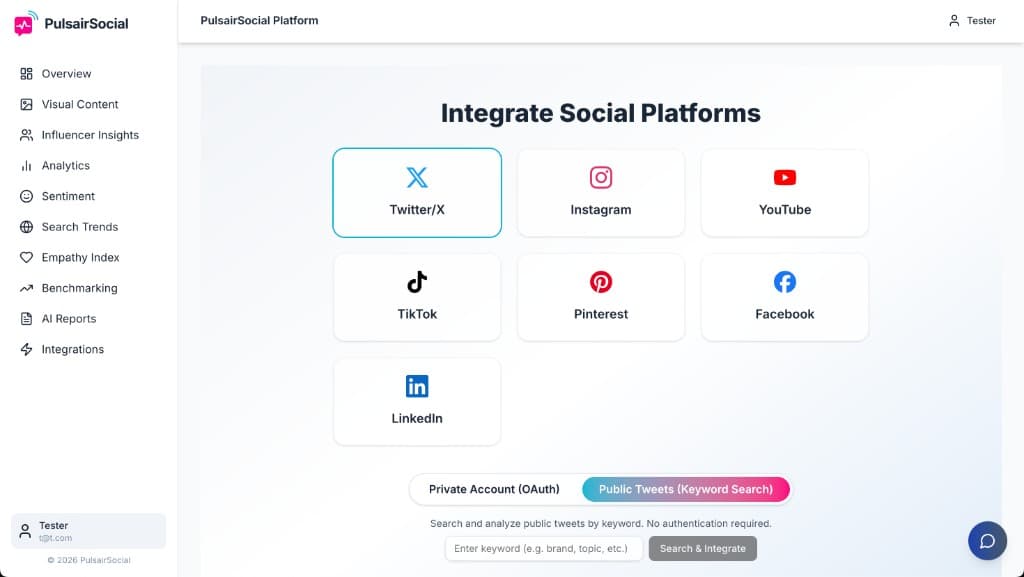 PulsairSocial Integrate Social Platforms page with Twitter/X selected and Public Tweets (Keyword Search) option